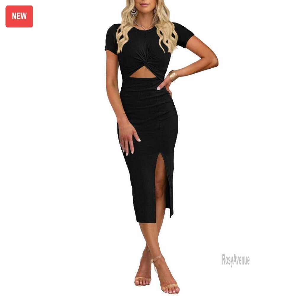 Women's Ribbed Knit Cutout Twist Front Midi Dress Bodycon Party